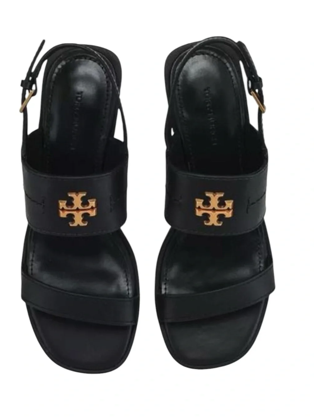 NEW Tory Burch Black Leather Everly Logo Slide Heel Sandals retail $295